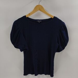 1. STATE Top Size XL Navy Ribbed Ruched Puff Sleeve Fitted